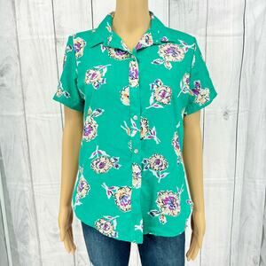 Oak Hill SMALL American VINTAGE 80s Womens Green Floral Button Up Blouse Top